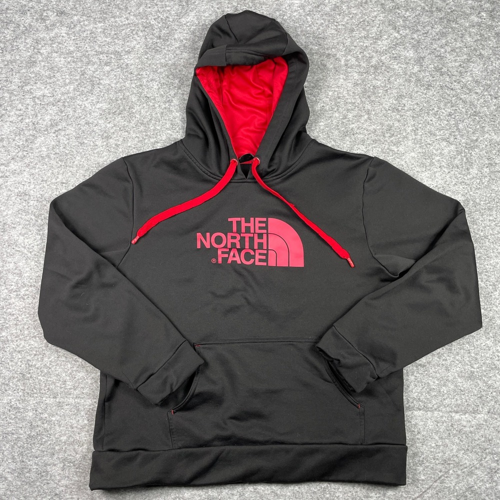 The North Face Hoodie Mens L Black Red Pullover Fleece Performance Sweatshirt